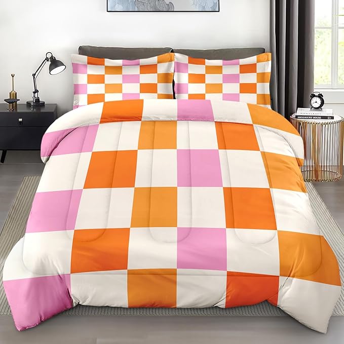 Comforter Set with 2 Pillowcases King Size, Pink Orange Plaid Buffalo Checkered, Bed Decor Hippie Retro 70s Geometric Checkerboard Grid for Kids and Adults, Soft Cozy Bedroom Bedding Set