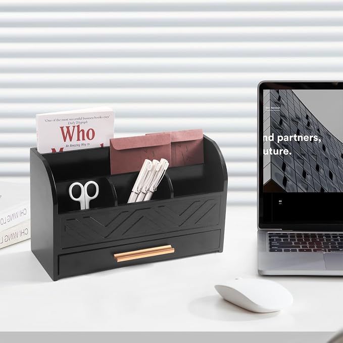 Charmewooden Black Desktop Organizer with Drawer Storage, White Desk Organizer Mail Holder Mail Organizer Countertop Pen Holder Letter Sorter Make up Organizer for School Home Office Supplies