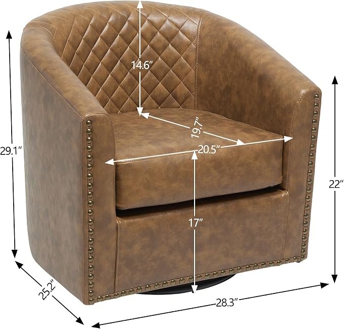 KINWELL 29" Wide Tufted Faux Leather Swivel Barrel Chair, PU Leather Modern Upholstered Accent Chairs with Nailhead Trim, Small Armchair for Living Room Bedroom, Coffee