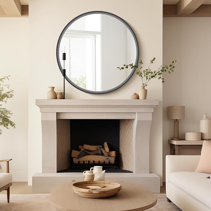 HOMECOOKIN Black Round Mirror Wood Framed 28 inch Circle Wall Mirror for Bathroom Round Wall Mirror for Wall Decor, Vanity, Living Room