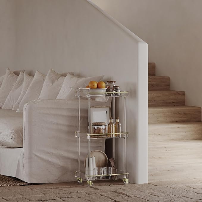 Eglaf Acrylic Bar cart - Small Bar Cart with Handle - 3 Tier Rolling Serving Cart with Gold Edge, Lockable Wheels - for Home Bar, Living Room, Kitchen, 15.2" L x 11.2" W x 34.2" H