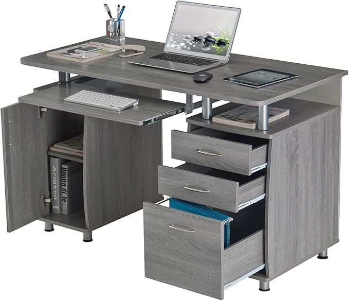 Techni Mobili 48'' W Computer Desk with File Cabinet and Drawers, Storage Cabinet with Removable Shelf and Ventilation for CPU, Home Office Desk or Computer Workstation with Keyboard Tray, Grey