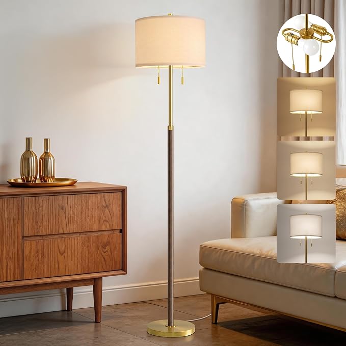 G-SAFAVA Floor Lamp 61" Wood Lamps for Living Room Bedroom 2-Lights Mid Century Modern Standing Tall Lamps for Office Nursery Corner Reading Room Lamp, 3 Color Temperatures 9W Bulbs Included, Walnut
