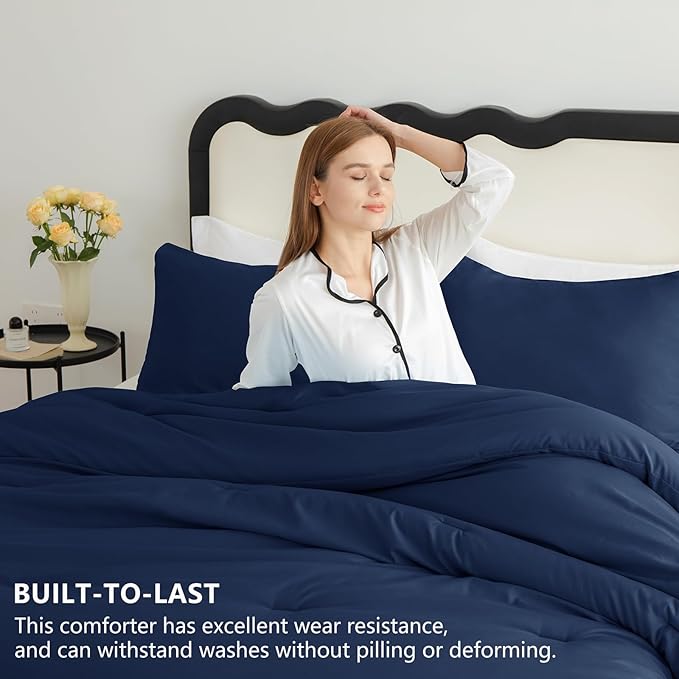CozyLux Queen Comforter Set Navy Blue, 3 Pieces Lightweight Comforters Queen Size Quilted Bedding Sets, All Season Breathable Solid Down Alternative Comforter with 2 Pillowcases, Bed Set Gift for Home