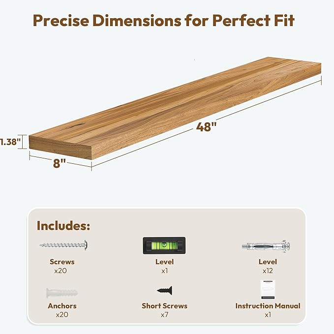Vivelove Elm Wood Floating Shelves, Wooden Shelves for Wall with Invisible Bracket for Living Room Bedroom Bathroom Office Book, Rustic Farmhouse Display Shelf, 48 Inch Set of 1- Natural
