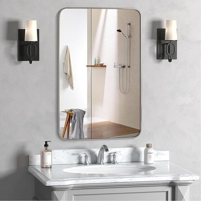 Bathroom Mirror Brushed Nickel, 24 x 36 Inch Metal Frame Rectangle Mirror Rounded Silver Modern Vanity Mirror Anti-Rust for Bathroom, Farmhouse Wall Mounted Vertically/Horizontally