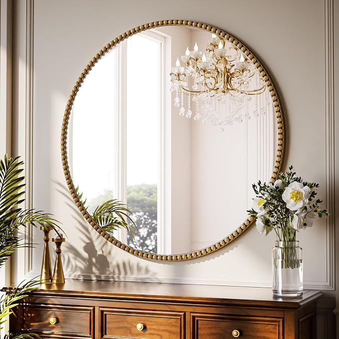 28 Inch Round Bathroom Mirror - Luxurious Retro Beaded Circle Decorative Wall Mirror with PU Frame Hanging Leaning as Art Decor for Entryway, Bedroom, Living Room, Hallway, Gold