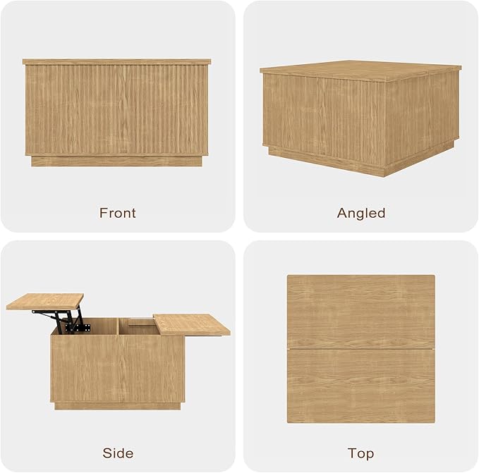 Lift Top Coffee Table with Storage,Fluted Square Center Table with Large Hidden Space,31.5" Coffee Table with Lifting Top,Center Table for Living Room,Natural Oak