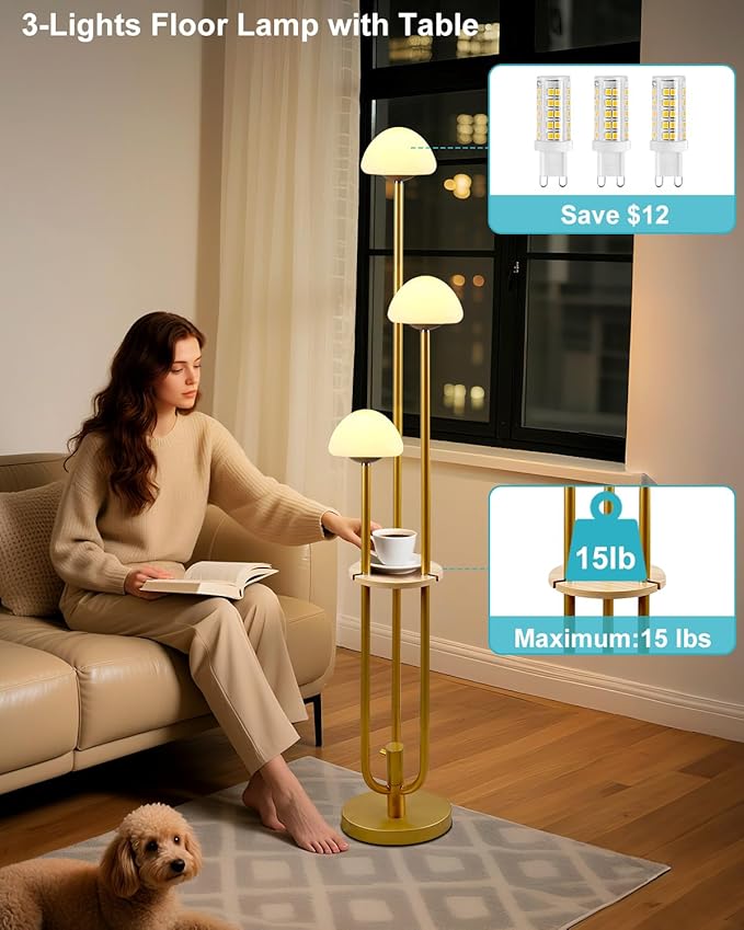 Lightdot Gold Dimmable Floor Lamp with Table, Modern Floor Lamps for Living Room, 3000K Tall Standing Lamp with Mushroom Shades& Bulbs Included for Bedroom/Office//Sofa Beside/Corner Decor