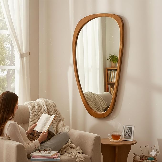 Irregular Asymmetrical Wall Mirror 48"×24" with Solid Wood Frame, Organic Mid-Century Modern Decorative Full-Length Wall Mirror for Living Room, Entryway, Bedroom & Bathroom