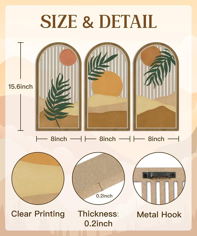 Putuo Decor Boho Wall Art Set of 3, Modern Minimalist Wooden Wall Decor, Nature-Inspired Abstract Aesthetic Room Decorations, Mid-Century Artwork for Living Room, Bedroom, Office (Brown, 16×8 in