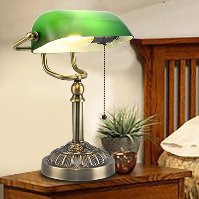 Bankers Desk Lamp with USB-A Charging Port, Vintage Desk Lamps with Pull Chain Green Glass, Antique Brass Banker's Lamp for Home Office Library