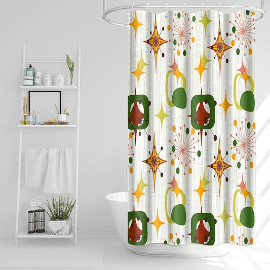 Mid Century Shower Curtain, 36x72inch, Modern Abstract Retro Green Striped Geometric Shower Curtain Sets 1950s Boho Bathroom Shower Curtain with 6 Hooks