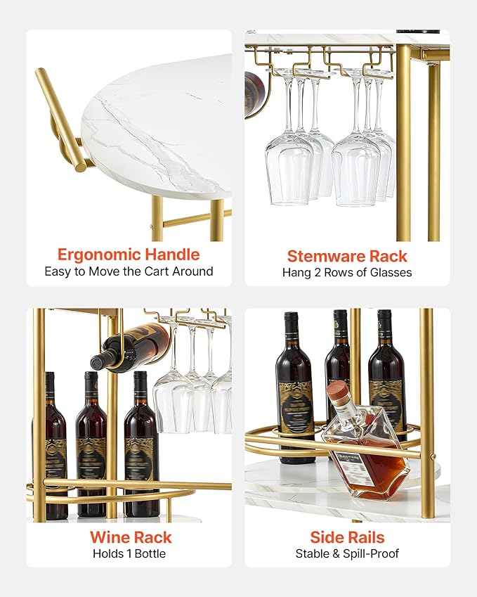 VEVOR Bar Cart, 3 Tiers Home Kitchen Serving Carts, Modern Round Rolling Utility Station on Wheels, Mobile Drink Beverage Trolley w/Wooden Shelf, Wine Rack, Glass Holder, for Living Dining Room, Gold
