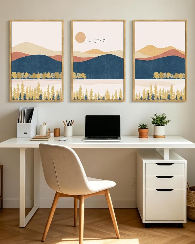 KUVIOKE Bohemain Mountain Landscape Framed Canvas Wall Art Watercolor Nature Artwork Painting Boho Farmhouse Rustic Room Decor for Bedroom Living Room 24x36in (Natural Framed)