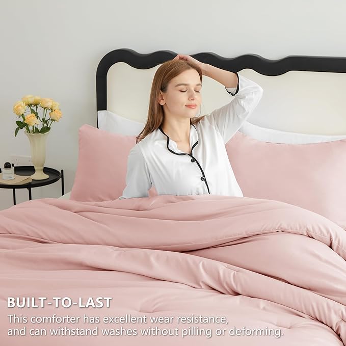 CozyLux Queen Comforter Set Blush Pink, 3 Pieces Lightweight Comforters Queen Size Quilted Bedding Set, All Season Breathable Solid Down Alternative Comforter with 2 Pillowcases, Bed Set Gift for Home