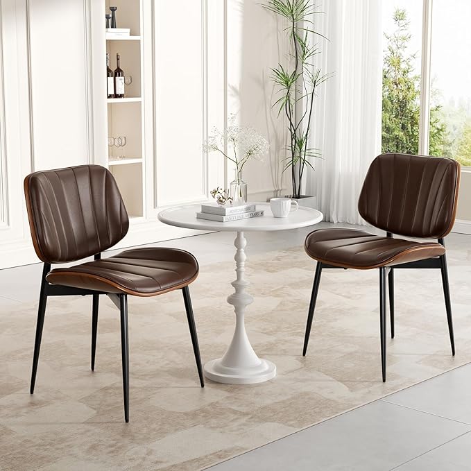 Dining Chair, Mid Century Modern Dining Room Chairs, Upholstered Faux Leather Kitchen Chairs with Walnut Bentwood Back and Metal Legs for Kitchen Dining Room Living Room, Coffee