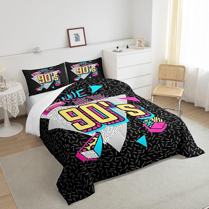 Manfei Memphis Comforter Set Full Size, Retro 90s Fashion Style Quilt Set with 2 Pillowcases, Geometric Triangle Diamond Bedding Set 3pcs for Kids Boys Room Decor Lightweight Duvet Insert