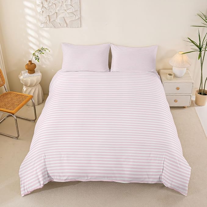 Erosebridal Pink White Stripe Duvet Cover Full Geometric Ticking Stripes Bedding Set for Kids Teens Farmhouse Vertical Stripes Comforter Cover Modern Abstract Bed Set, 2 Pillowcases