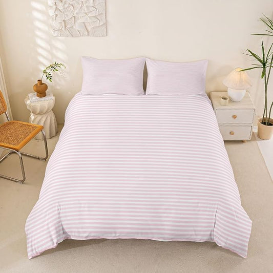 Erosebridal Pink White Stripe Duvet Cover Full Geometric Ticking Stripes Bedding Set for Kids Teens Farmhouse Vertical Stripes Comforter Cover Modern Abstract Bed Set, 2 Pillowcases
