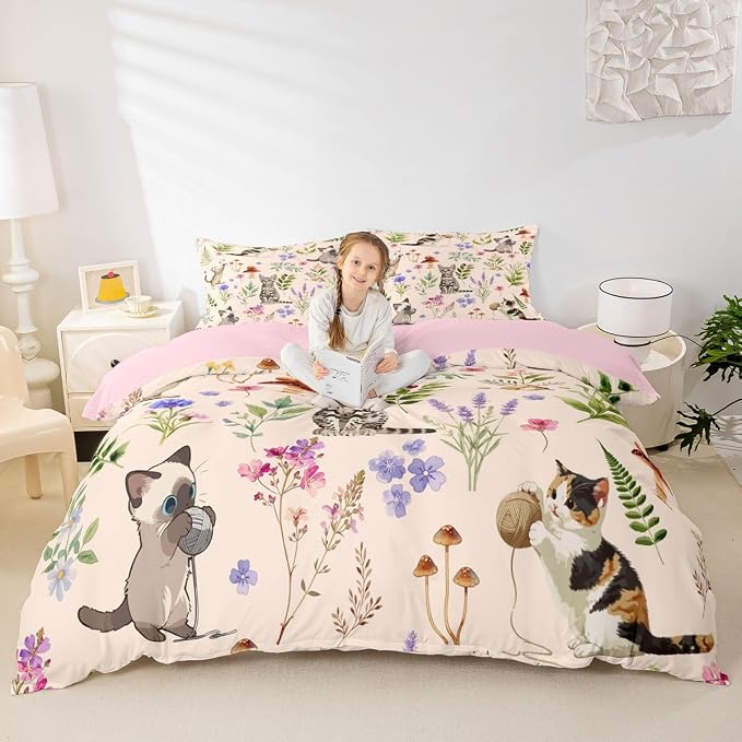 Erosebridal Cute Cat Comforter Cover Queen Kitten Cat Lovers Bedding Set Beige Boho Watercolor Floral Duvet Cover for Kids Girls Boys Adults Funny Pet Animal Bed Set