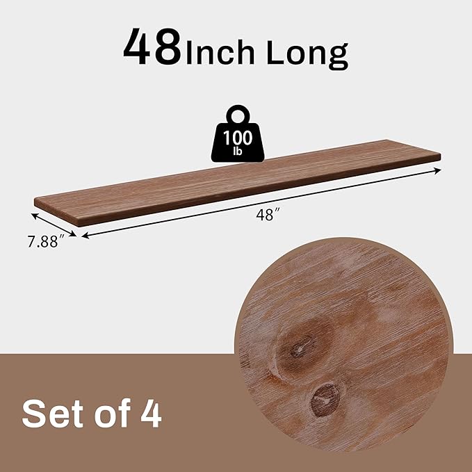 48-Inch Solid Brown Floating Shelves Set of 4-Rustic Farmhouse Wall Shelves with 100 lb Capacity, Heavy Duty Easy Install for Bathroom, Kitchen, Living Room&Home Decor