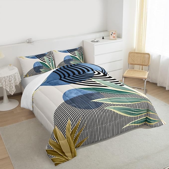 Erosebridal Mid Century Modern Comforter Set Queen Modern Boho Bedding Set,Abstract Minimalist Art Down Comforter Arch Curve Leaves Aesthetic Duvet Insert,Blue Green Room Decor