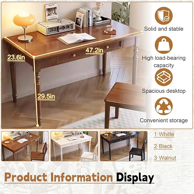 Solid Wood French Country Desk,Writing Desk with Storage Drawers,Farmhouse Computer Table Makeup Table Modern Simple Style,for Home Office Living Room Study Workspace Bedroom (Walnut, 47.2IN)