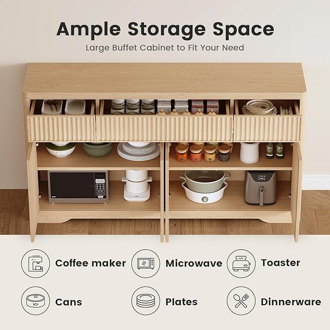 Fluted Buffet Cabinet with Storage, Modern Sideboard Credenza with 3 Drawers, 4 Doors & Adjustable Shelves, Wood Kitchen Storage Coffee Bar Cabinet for Dining Room, Living Room, Natural Oak