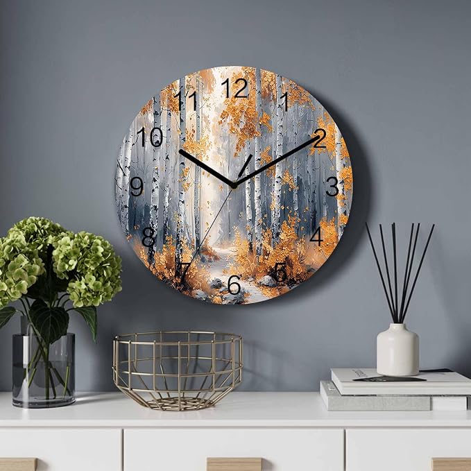 Yellow Forest Painting Art Style Wall Clock Battery Operated Non-Ticking 10" Round Wood Clocks, Kitchen Wall Clock for School Bathroom Living Room Home Office Wall Decor