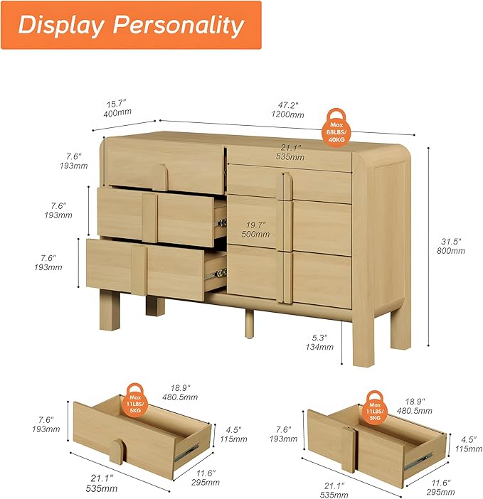 WAMPAT 47.2" W Buffet Cabinet with 6 Drawers, Modern Sideboard Buffet Cabinet with Storage, Buffet Table Coffee Bar Wine Bar Storage Cabinet for Dining Room, Living Room, Hallway, Oak