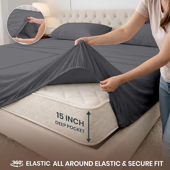 SGI Split King Sheet Set for Adjustable Bed Egyptian Premium Cotton 600 Thread Count Sheets for Sleep Number Bed 15" Deep Pocket 5 Pc Set with 2 Twin XL Fitted Sheets Soft Breathable -Dark Gray