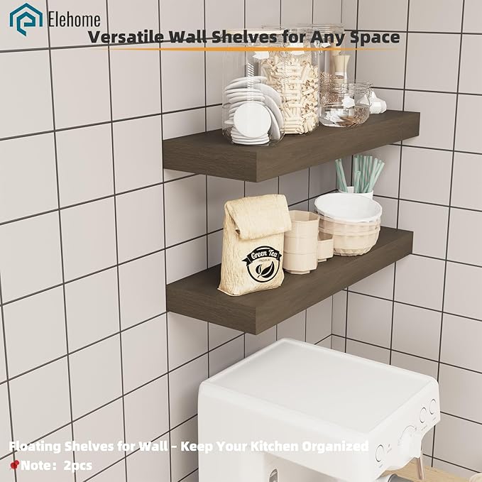 Floating Shelves Board for Wall with Brackets – 24" L x 8" W x 2" T Rich Walnut Melamine Wood Floating Shelves for Bathroom, Kitchen & Living Room Set of 2– DIY & Replacement