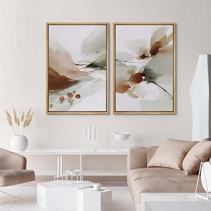 IDEA4WALL Framed Canvas Print Wall Art Set Earth Tone Watercolor Abstract Minimalist Nature-Inspired Illustrations Modern Art Decorative Calm/Zen for Living Room, Bedroom, Office - 24"x36"x2 Natural