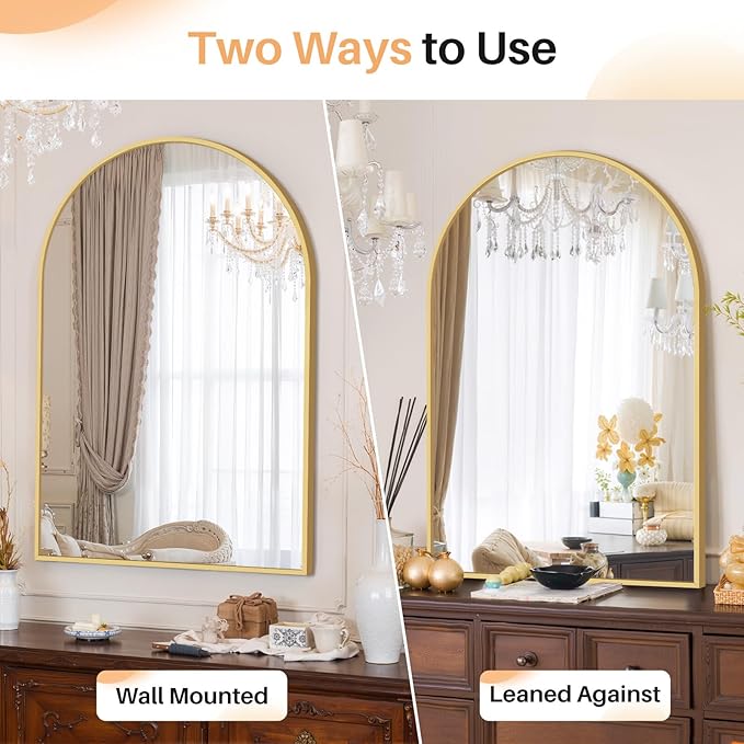 Bathroom Mirror for Wall, 38x26 Inch Arched Mirror, Matte Gold Metal Framed Bathroom Vanity Mirrors for Restroom Farmhouse, Anti-Rust, Tempered Glass, Hanging or Leaning