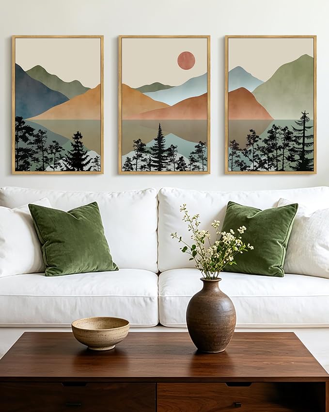 KUVIOKE Watercolor Mountain Framed Wall Art Nature Laker Landscape Painting Sun Rises Boho Farmhouse Rustic Room Decor 16x24in (Natural Framed)