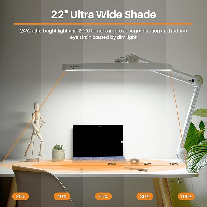 LED Architect Desk Lamp with Clamp, Metal Swing Arm 2000 Lumens Dimming Office Table Lamp for Task Work Drafting Reading Desktop, 117PCS Bright LEDs, 24W Workbench Lamp(White)