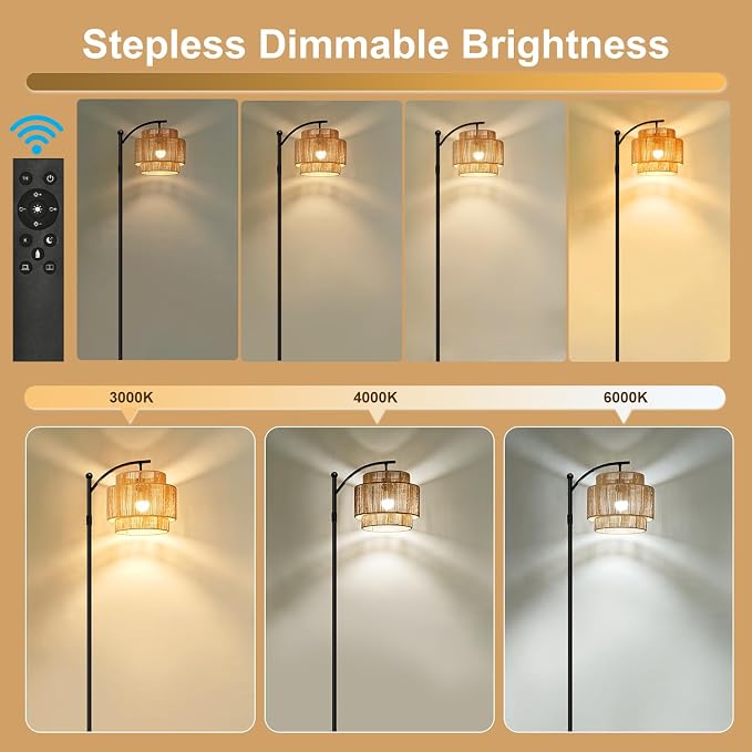 Vinaco Adjustable Height Floor Lamp Rattan 3 Color Temperature,Dimmable Tall Boho Floor Lamps with Remote & Foot Switch, Rotating Lamp Shade Wicker Arc Standing Lamp for Living Room Bedroom Lights
