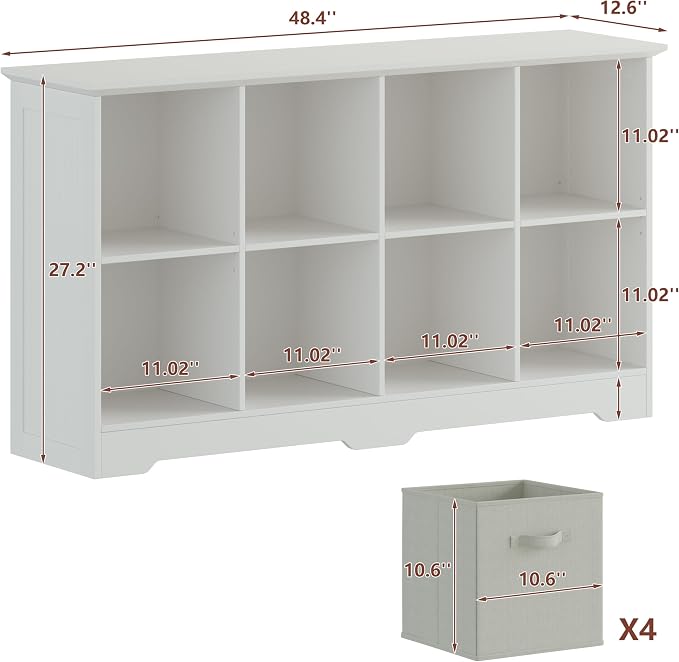 VORONOI 8 Cube Storage Organizer with 4 Fabric Drawers and Removable Shelves — Modular Cube Bookshelf for Bedroom, Living Room, or Home Office, Short Cube Bookcase for Toys, Decor,White