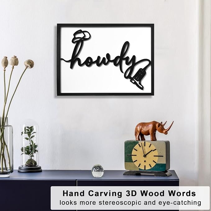 3D Wood Howdy Sign Wall Decor, Texas Country Wall Art, Framed Western Cowboy Pictures Wall Decor for Living Room Bedroom(Ready to Hang, 12x16 Inch, Framed)