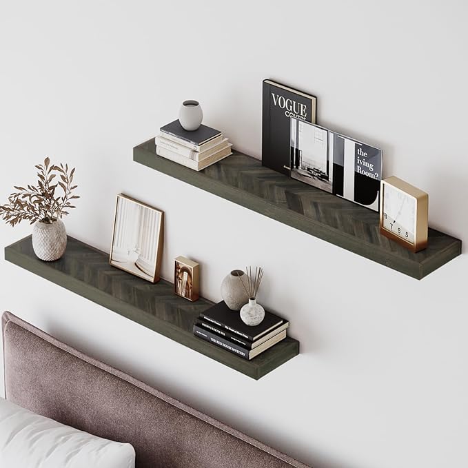 36" Acacia Chevron Floating Shelves Set of 2 - Wall Mounted Wooden Shelf for Stylish Home Décor - Mocha Color - 36x6.7x1.5 Inches
