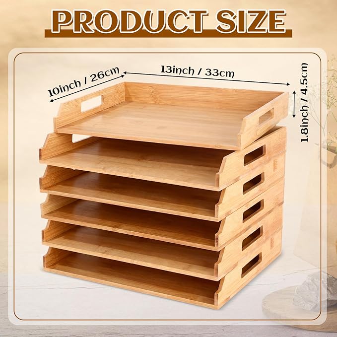 AceOrbit 6 Pcs Stackable Paper Tray Bamboo Wood Desk Organizer Letter Tray 6 Tier Wooden File Organizer Desk Shelf for Documents, Letter Sorter, Envelopes and Magazine Holder