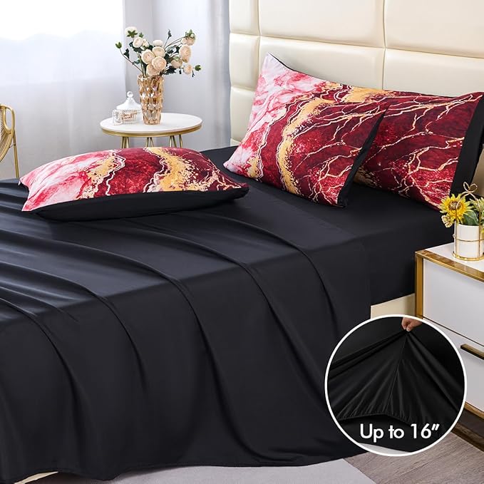 PERFEMET 6-Piece Marble Queen Comforter Red and Gold Bed in A Bag Set Abstract Burning Mountain Marble Bed Comforter Set Soft Luxury Retro Artwork Tie Dye Bed Set(Red, Queen)