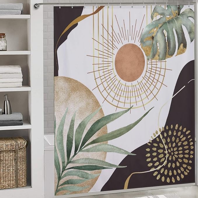 Abstract Mid Century Bathroom Shower Curtain,Modern Plam Leaf Palm Neutral Minimalist Brown Leaves Bathroom Curtain Waterproof Fabric Machine Washable with Hooks,72x78Inch