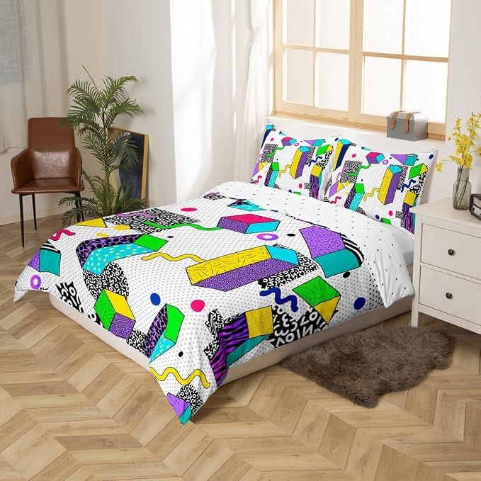 Erosebridal Memphis Geometric Pattern Comforter Cover Set King Size,Retro Style Triangle Shapes Artwork Duvet Cover Colorful Graphic 80s 90S Style Bedding Set Abstract 1990S Memphis Home Decor