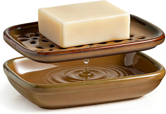 Miamolo Soap Dish with Draining Tray, Bar Soap Holder for Shower Bathroom Bathtub Kitchen Sink, Mess-Free Soap Container Saver with Non-Slip Base, Water Collection Tray Housewarming Gift, Brown