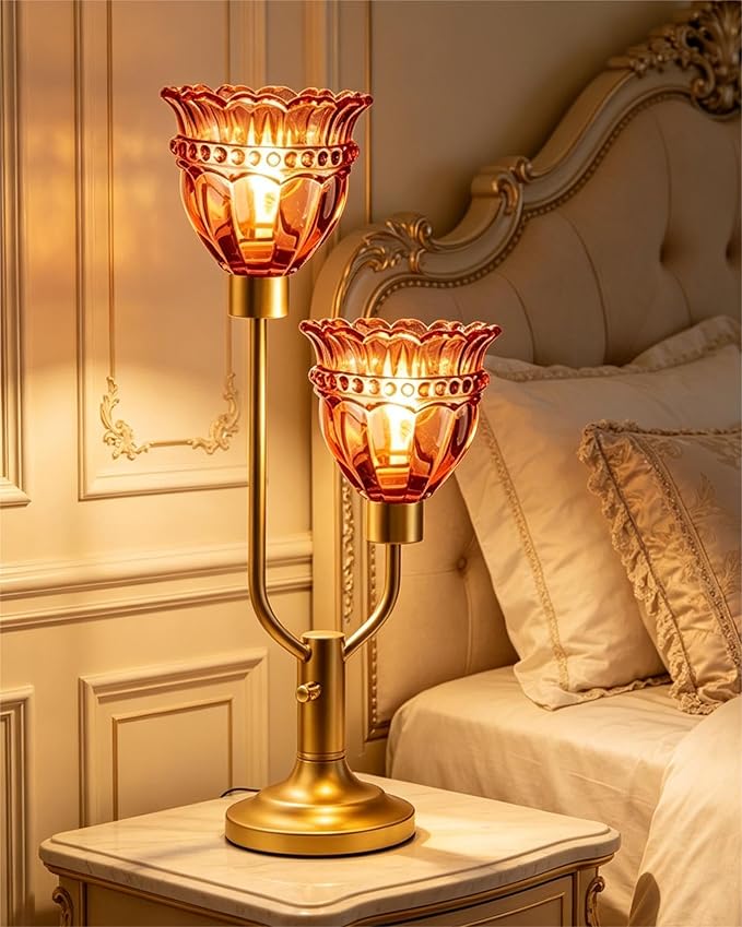 Lightdot Mid Century Modern Table Lamp Dimmable Vintage Gold Desk Lamp Red Glass Nightstand Lamp 2 Bulbs Included Warmwhite Ambient Bedside Lamps for Living Room Bedroom Girls Room Home Office Decor