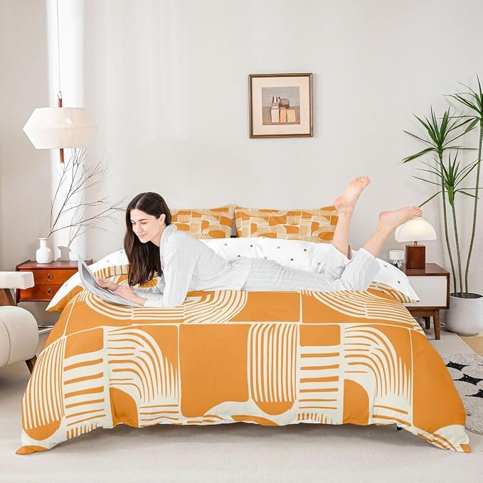 Erosebridal Mid Century Comforter Cover Toddler Size Bohemian Ethnic Kids Duvet Cover Boho Geometric Bedding Set for Boys Teens Adult Bedroom Decor Modern Simple Orange Stripes Bed Sets