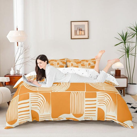 Erosebridal Mid Century Comforter Cover Full Size Bohemian Ethnic Kids Duvet Cover Boho Geometric Bedding Set for Boys Teens Adult Bedroom Decor Modern Simple Orange Stripes Bed Sets