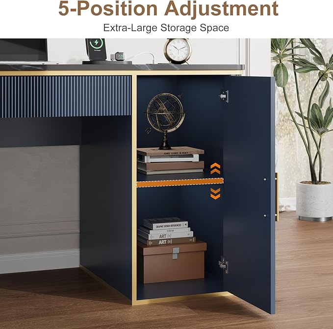 60" Fluted Writing Desk, Wooden Long Home Office Computer Desk with Drawer & Storage Cabinet, Modern Writing Table with Charging Station, High Executive Desk, Bedroom, Navy Blue, Set of 2